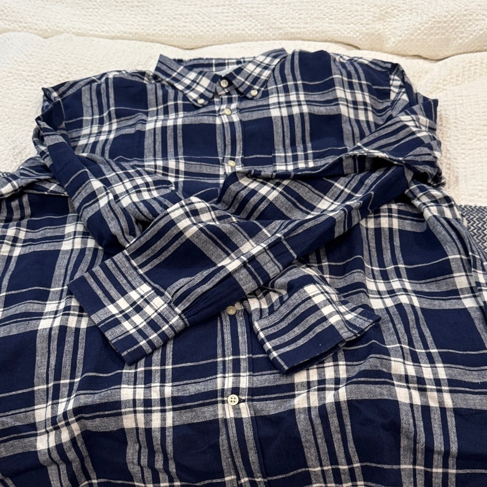 Officine Generale Navy and White Plaid Men's Shirt,Size XXL in Cotton/Linen
